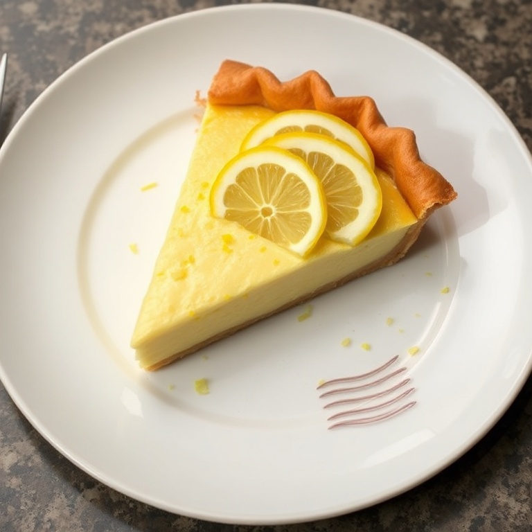 Perfectly plated ricotta pie with lemon zest. Crispy edges, golden color, and a fresh garnish of lemon slices.