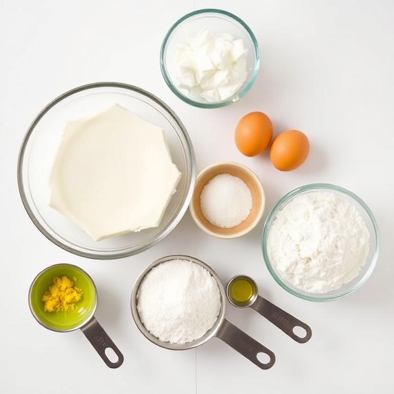 Raw ingredients for easy ricotta pie: ricotta cheese, eggs, flour, sugar, and lemon zest. Measuring cups and bowls in a clean white space.