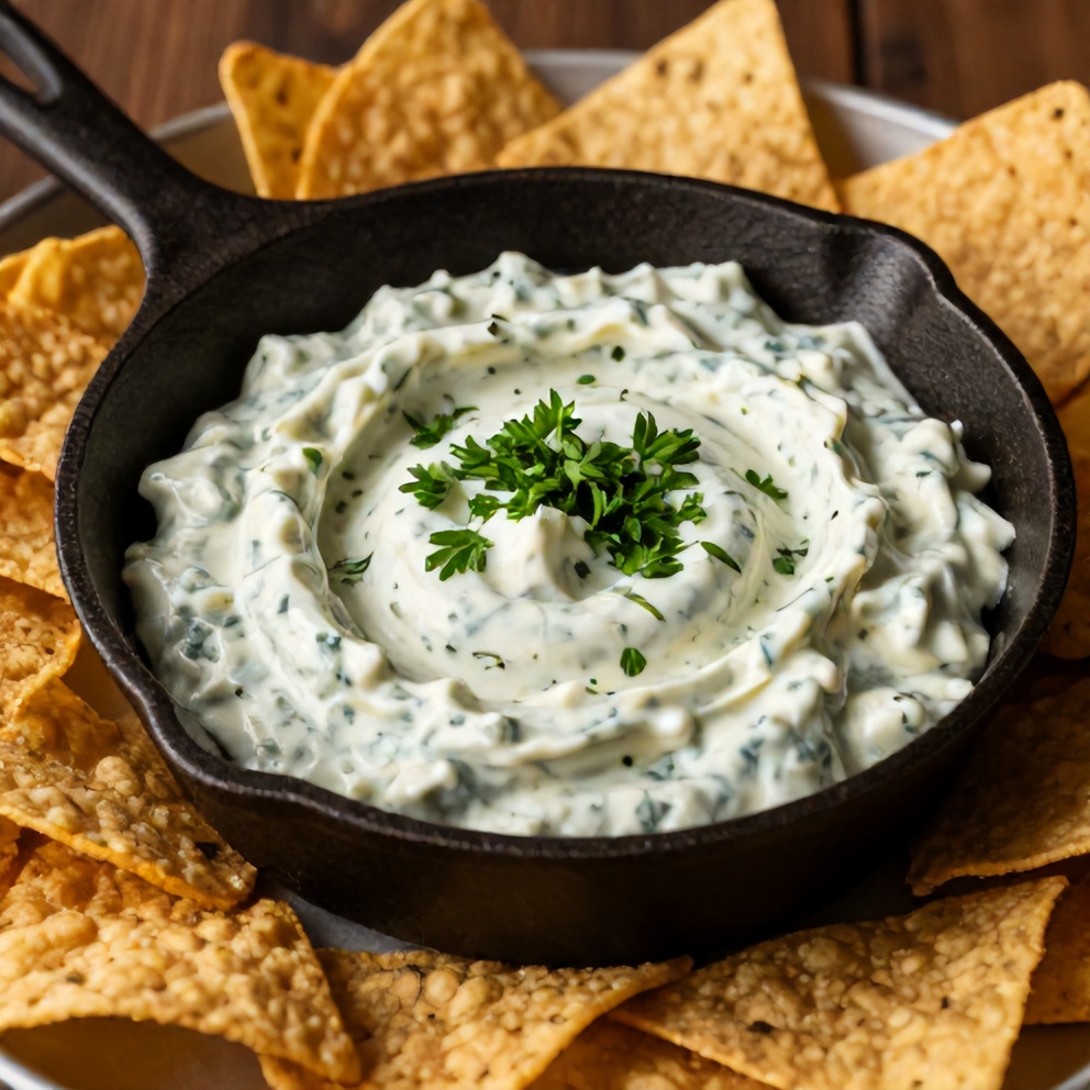 Jalapeño spinach artichoke dip served in a cast iron skillet, surrounded by tortilla chips, with a sprinkle of chopped fresh parsley