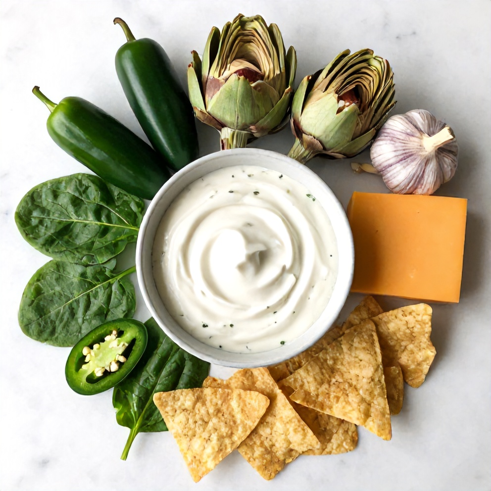 Raw ingredients for jalapeño spinach artichoke dip: cream cheese, sour cream, spinach, artichoke hearts, jalapeños, garlic, cheese, and tortilla chips on a wooden surface