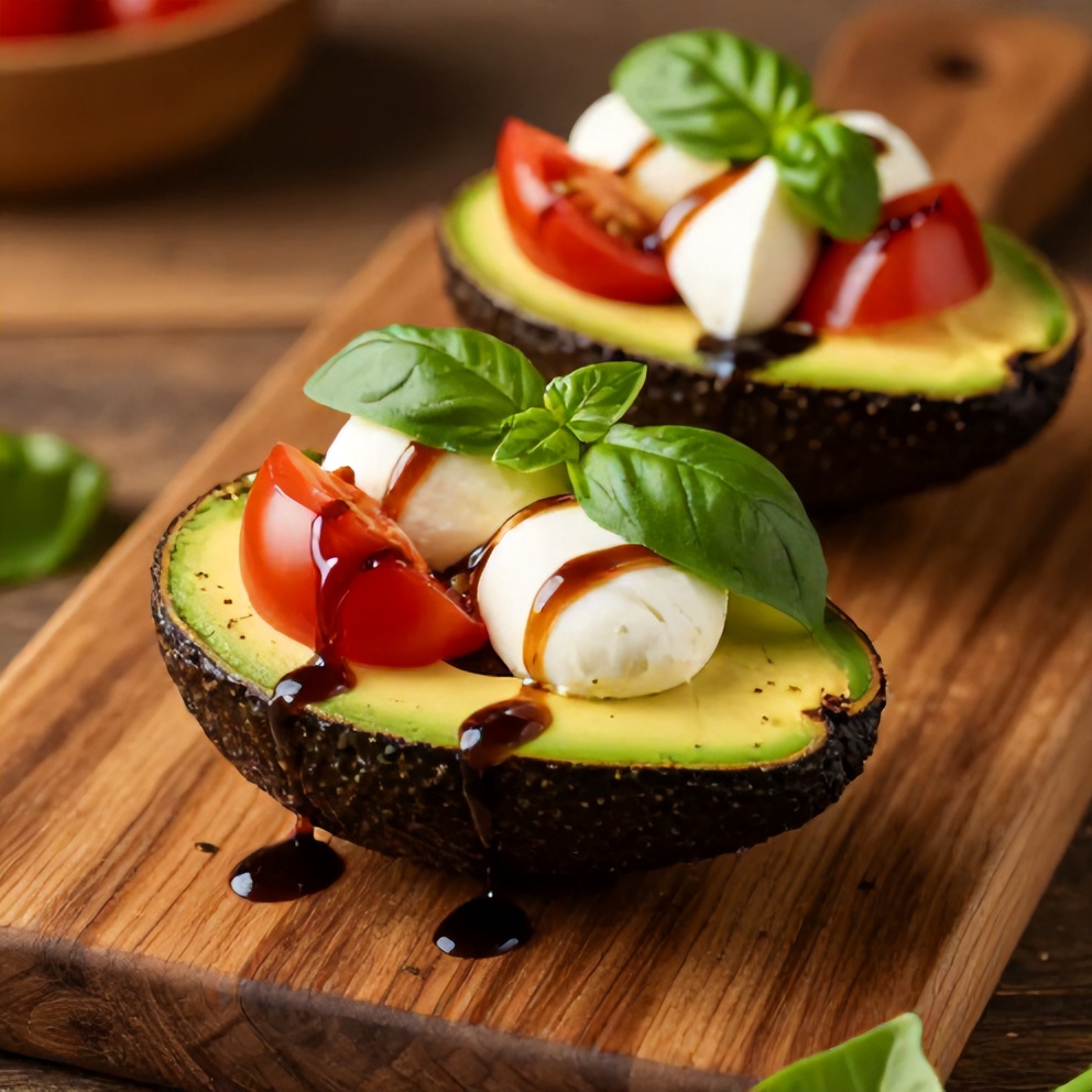 Plated Keto Caprese Stuffed Avocado Bites with a drizzle of balsamic glaze