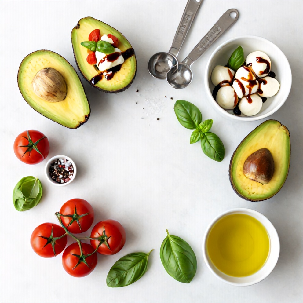 Raw ingredients for Keto Caprese Stuffed Avocado Bites on a marble surface