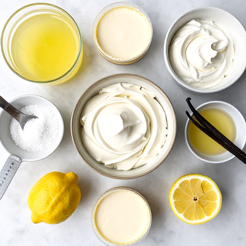 Raw ingredients for Keto No Bake Lemon Cheesecake Cups arranged in an overhead flat lay, including cream cheese, lemon juice, and erythritol