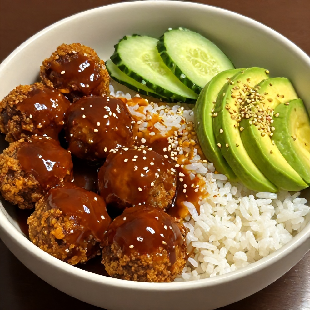 Plated Korean BBQ Meatball Rice Bowl