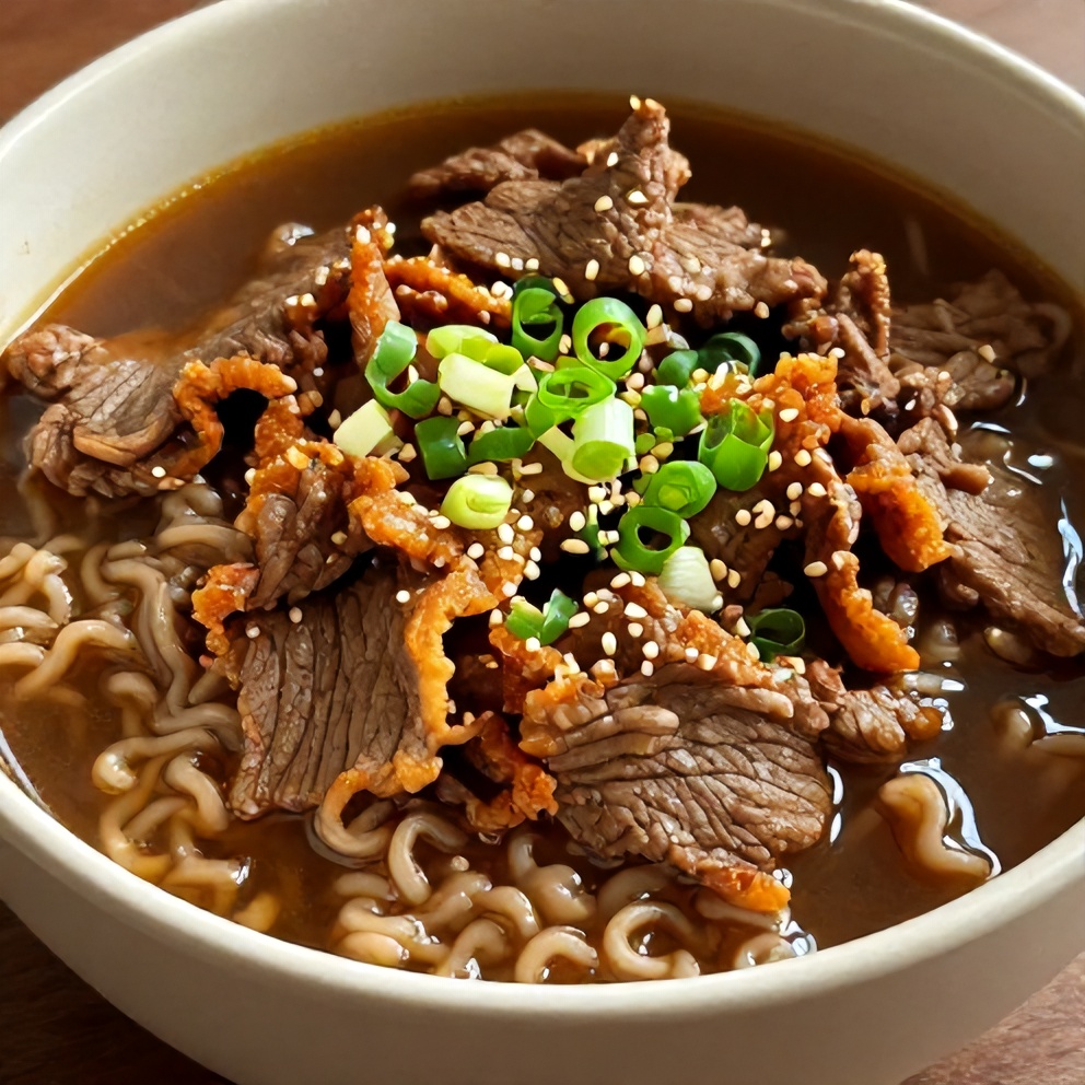 Bowl of Korean Beef Ramen with garnish