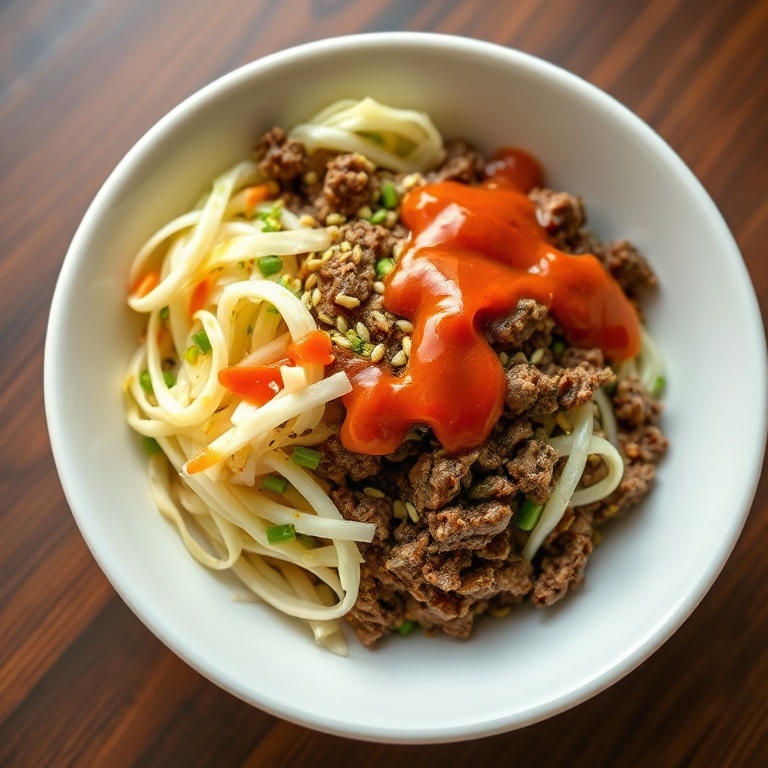 A perfectly plated Korean ground beef bowl with crispy cabbage, sesame seeds, and a drizzle of gochujang sauce. A white ceramic bowl. Warm side lighting highlights texture.