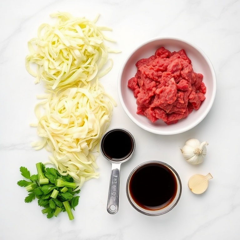 Raw ground beef, shredded cabbage, gochujang, soy sauce, and garlic arranged in an overhead flat lay. Measuring spoons and bowls visible. White marble surface. Bright even light.