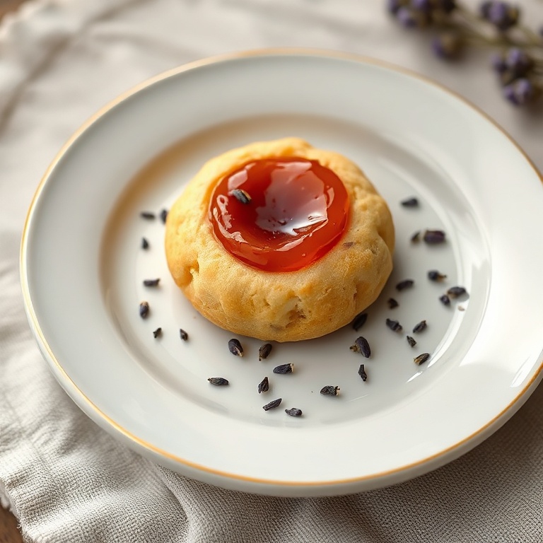 One plated lavender apricot thumbprint cookie sprinkled with extra dried lavender on a small white plate, golden jam and tender edges in focus.