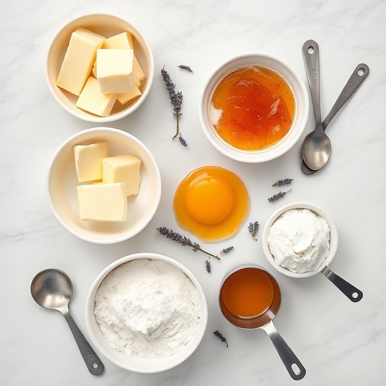 Overhead flat lay of butter, flour, sugar, dried lavender buds, apricot jam, and an egg, each in bowls, arranged for lavender apricot thumbprint cookies.