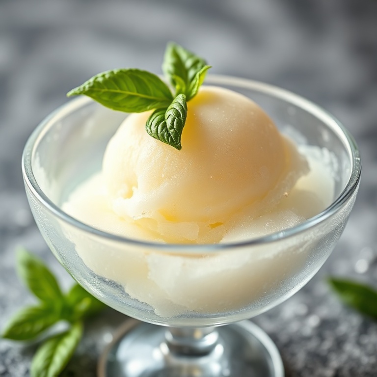 One scoop of easy lemon basil sorbet with basil leaves, served in chilled glass bowl, cold condensation, vibrant color, fresh garnish.
