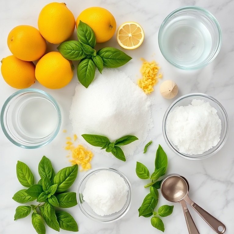 Overhead flat lay: fresh lemons, basil leaves, white sugar, water, ice, small bowls, spoons, all on white marble.