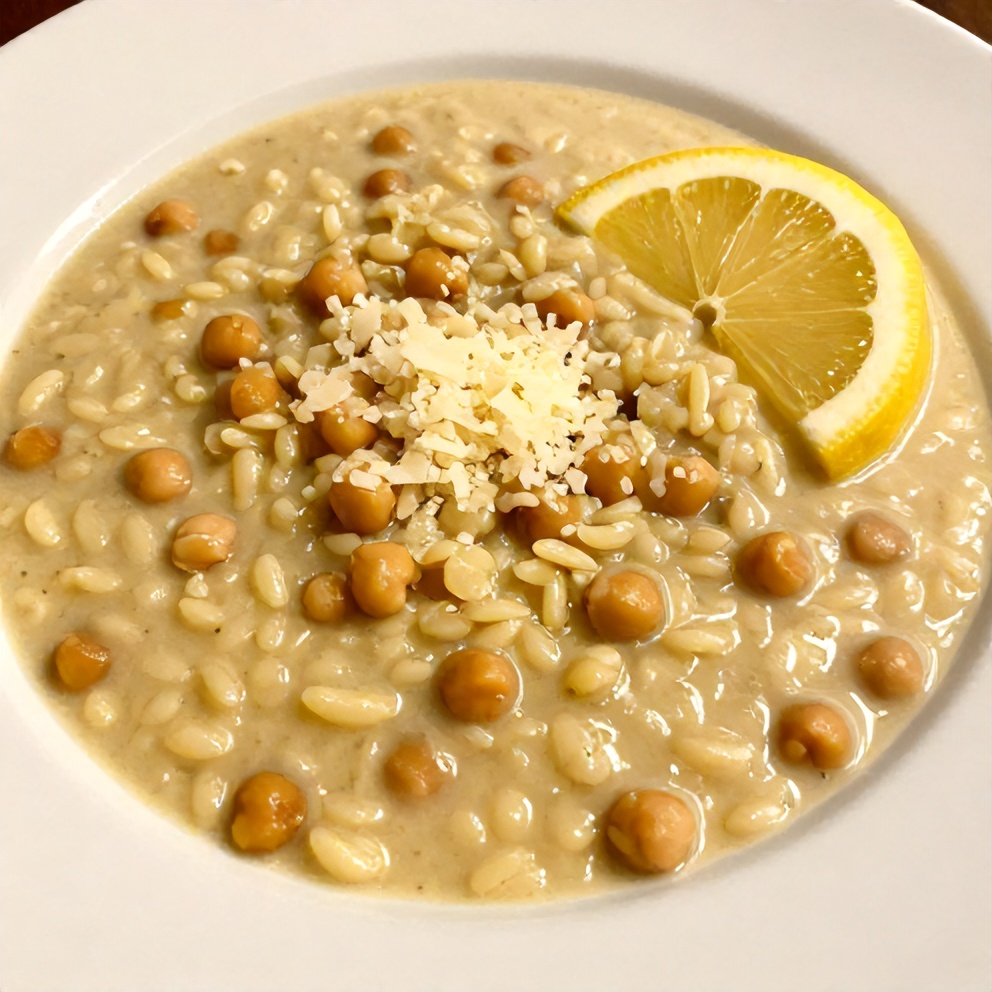 One perfect serving of Lemon Chickpea Orzo Soup plated on a white dish, with a sprinkle of parmesan cheese and a slice of lemon, photographed in close crop with warm side lighting.