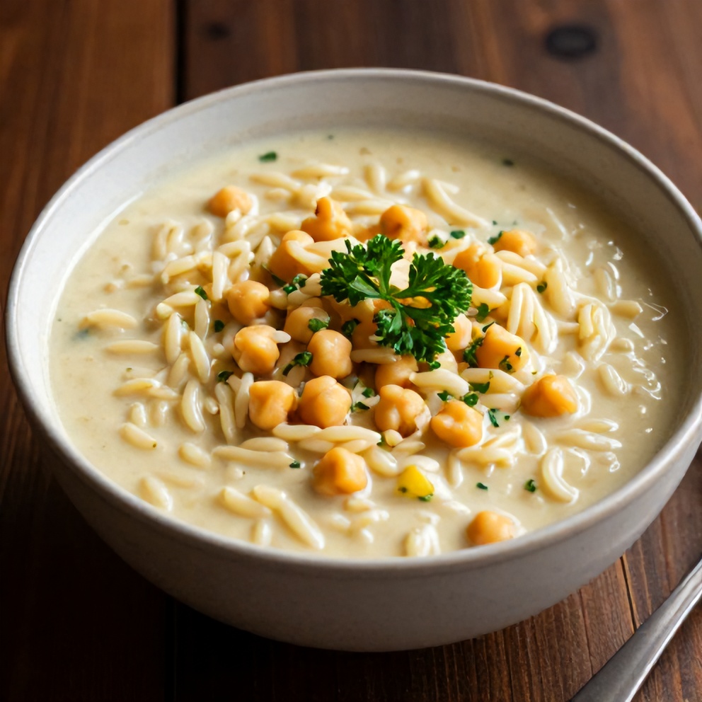 Bowl of Lemon Chickpea Orzo Soup garnished with fresh parsley, served in a shallow bowl on a dark wooden surface, with warm side lighting highlighting the creamy texture.