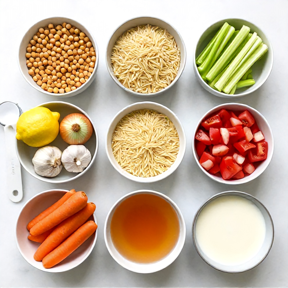 Raw ingredients for Lemon Chickpea Orzo Soup in an overhead flat lay, including chickpeas, orzo, lemon, garlic, and vegetables, with prep bowls and measuring spoons visible on a white marble surface.