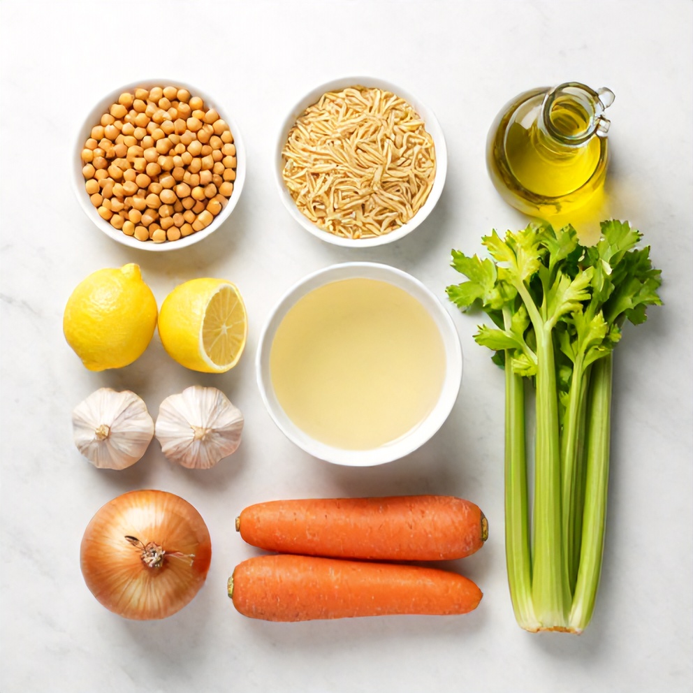 Raw ingredients for Lemon Chickpea Orzo Soup in an overhead flat lay: chickpeas, orzo, lemon, garlic, onion, carrots, celery, vegetable broth, and olive oil on a white marble surface.
