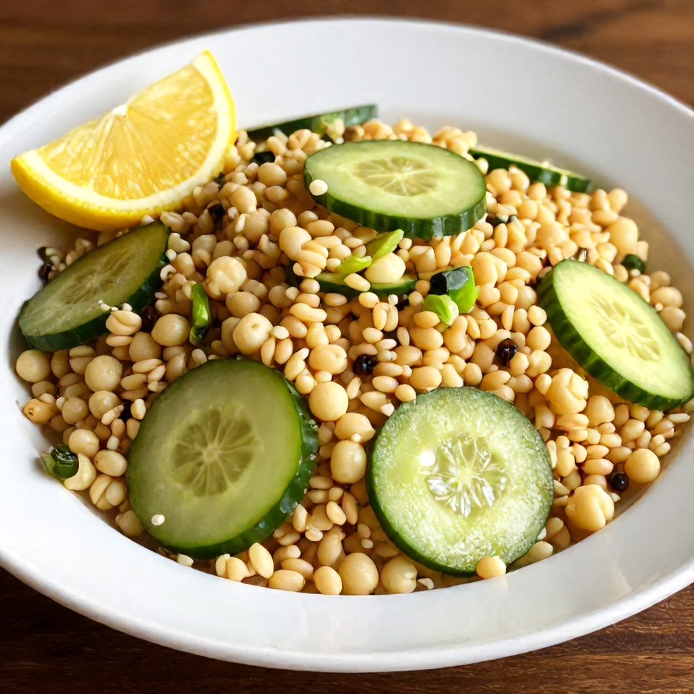Plated serving of Lemon Cucumber Couscous Salad with a lemon wedge garnish