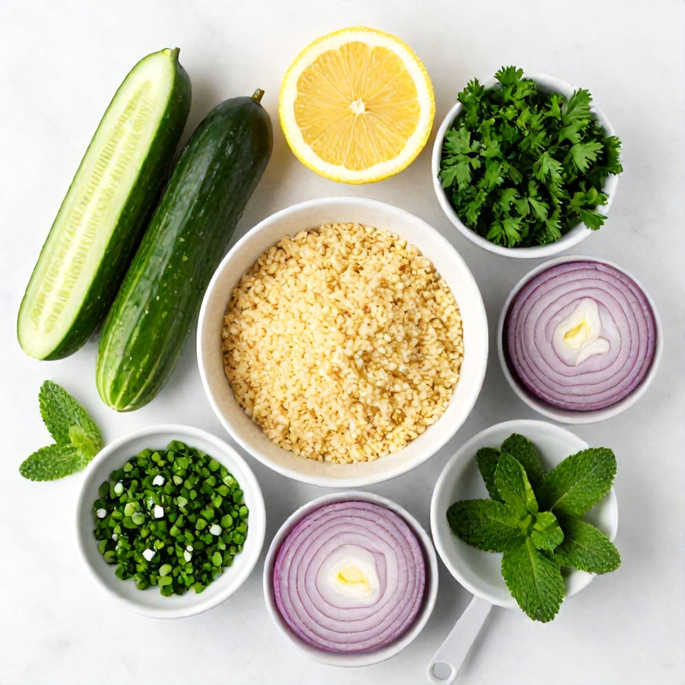 Raw ingredients for Lemon Cucumber Couscous Salad including cucumbers, lemon, couscous, and fresh herbs
