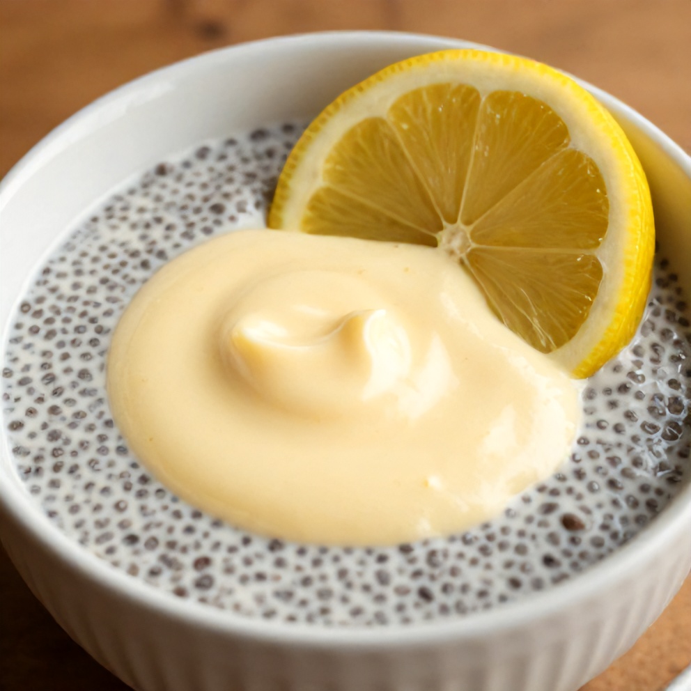 Lemon Curd Chia Pudding in a bowl with a lemon slice garnish