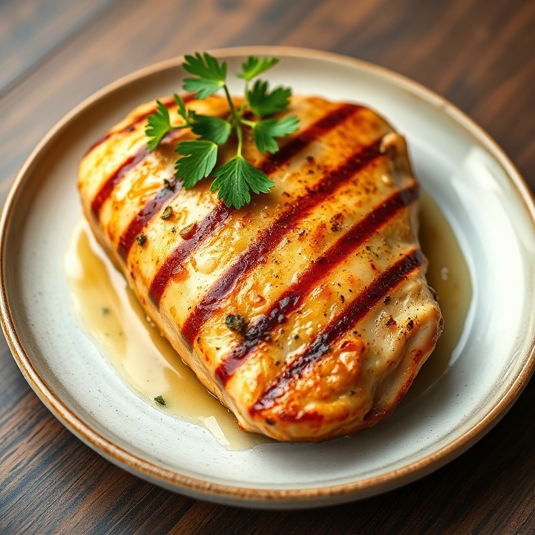 Perfected grilled chicken on a ceramic plate. Lemon garlic glaze and fresh parsley on top. Warm side lighting shows texture.