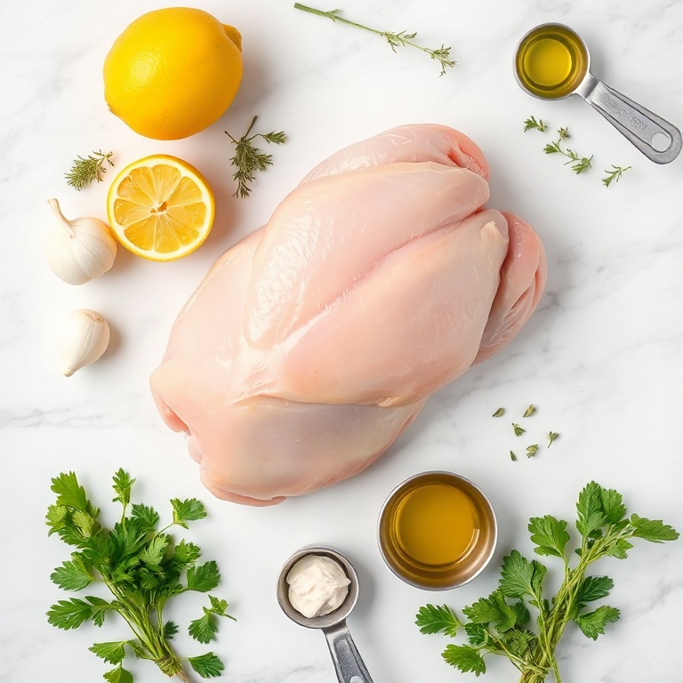 Raw chicken, lemon, garlic, olive oil, herbs arranged in a flat lay. Measuring spoons and bowls visible on white marble surface.