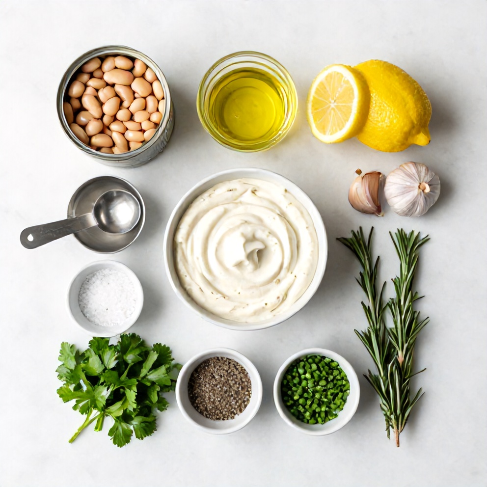Raw ingredients for Lemon Herb White Bean Dip on a wooden surface