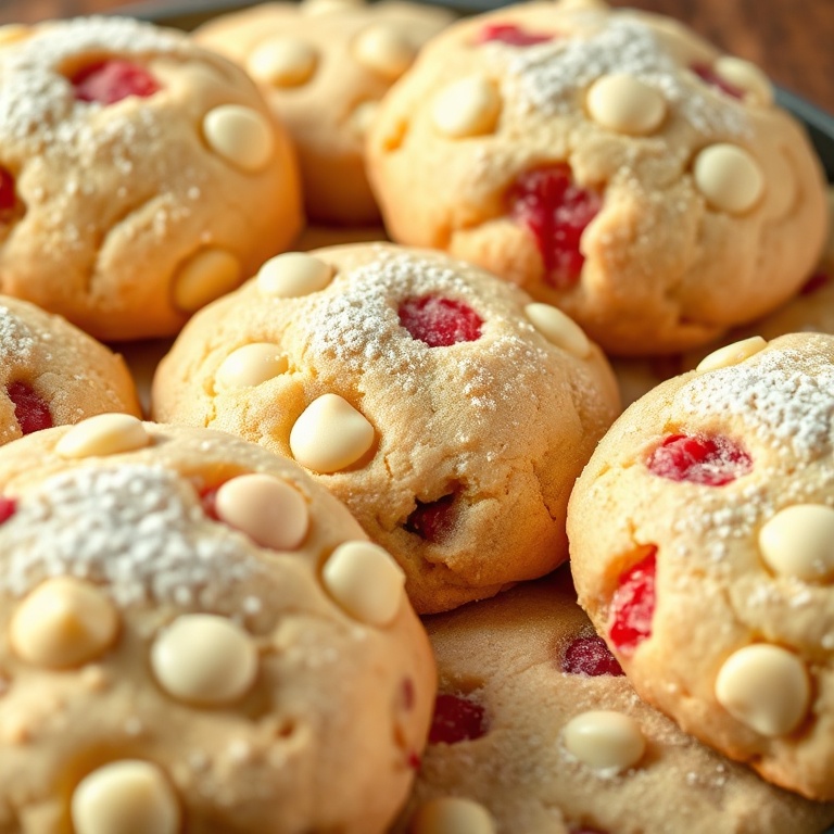 Perfectly baked lemon raspberry cookies with white chocolate chips. Topped with a dusting of powdered sugar.