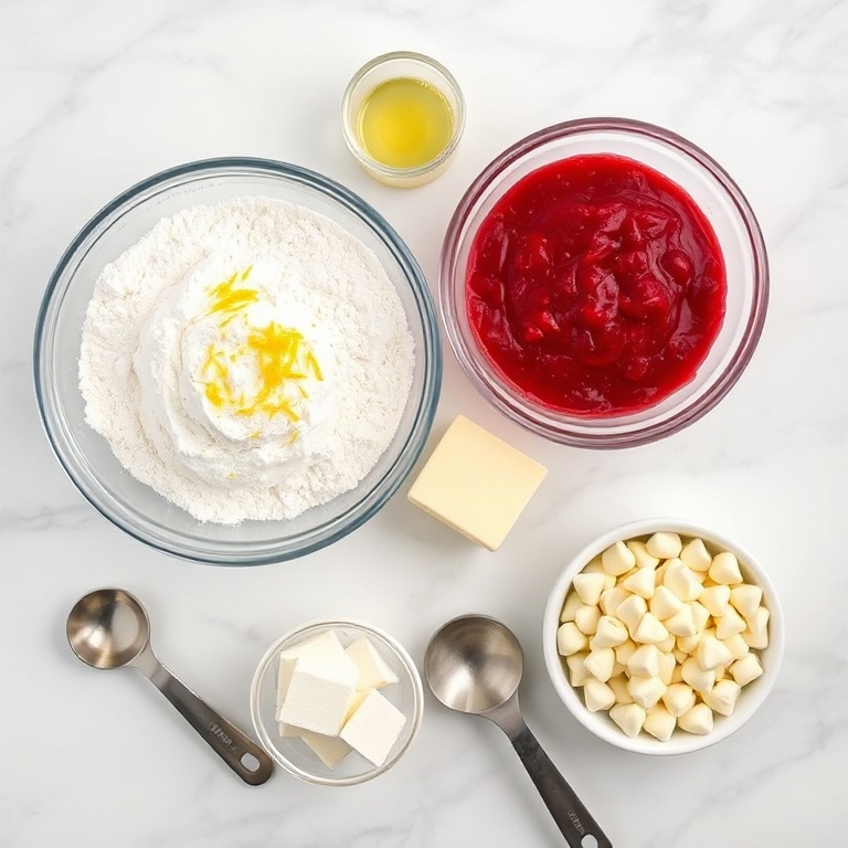 Flour, sugar, lemon zest, raspberry puree, white chocolate chips, baking powder, salt, and butter arranged in a flat lay.