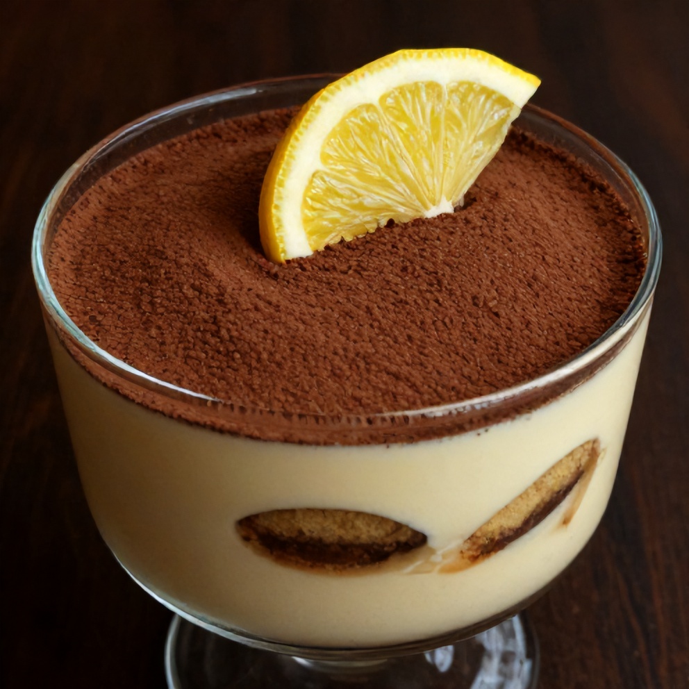 Lemon Tiramisu served in a glass dish with a dusting of cocoa powder and a lemon slice garnish