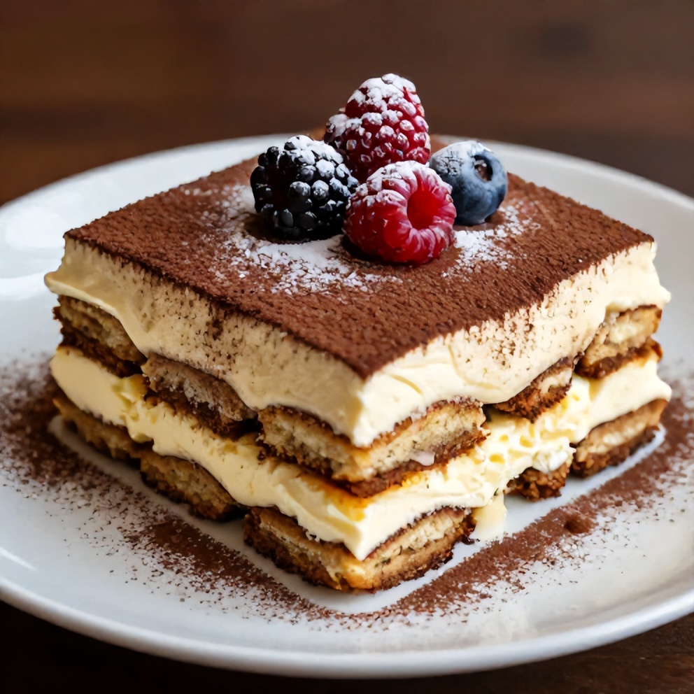 Lemon Tiramisu Plated with Fresh Berries