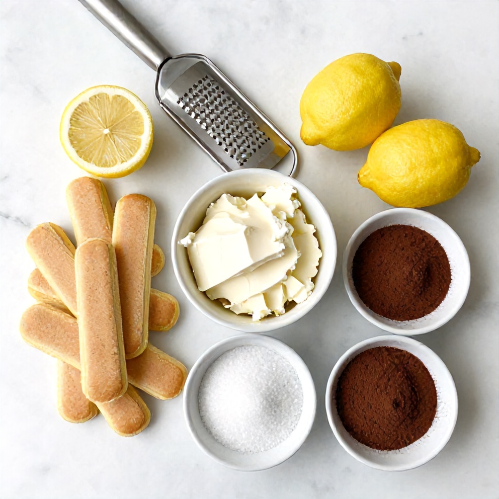 Raw ingredients for Lemon Tiramisu including ladyfingers, mascarpone cheese, lemon zest, and sugar
