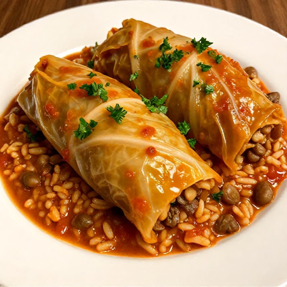 Lentil and Rice Stuffed Cabbage Rolls plated with a side of greens