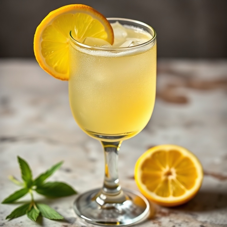 A glass of limoncello spritz with a lemon wedge on the rim and a slice of lemon on the side
