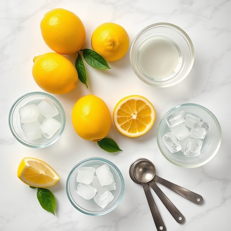 Fresh lemons, limoncello, club soda, ice cubes, and a lemon wedge arranged on a white marble countertop