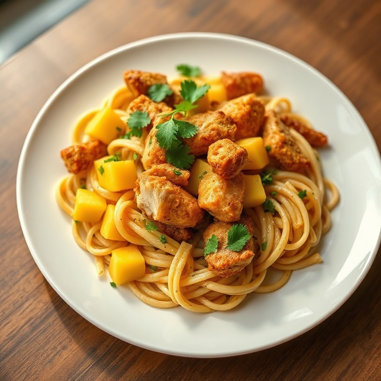 Perfect plated serving of the salad with crispy chicken, mango, and pasta. Garnished with cilantro on a white ceramic plate. Warm side lighting highlights the colors and textures.
