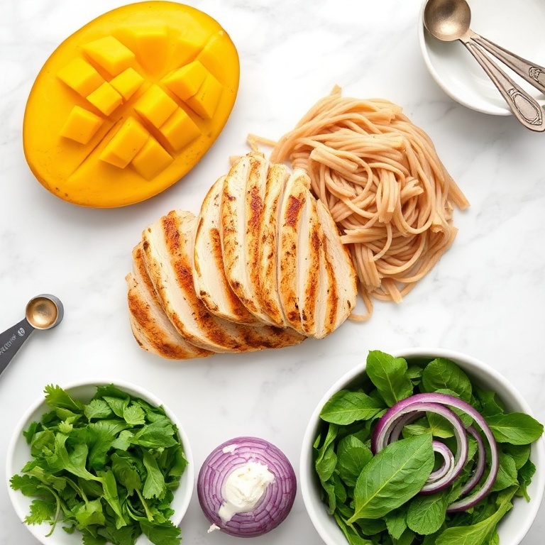 Fresh mango slices, grilled chicken breast, whole wheat pasta, mixed greens, and red onion in a flat lay on a white marble surface. Measuring spoons and bowls nearby.