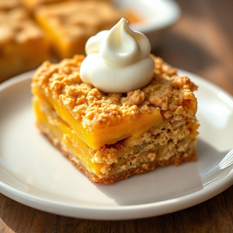 Plated mango oatmeal crumble bars with a dollop of whipped cream on top. Warm lighting highlights the golden crust and juicy mango layers.