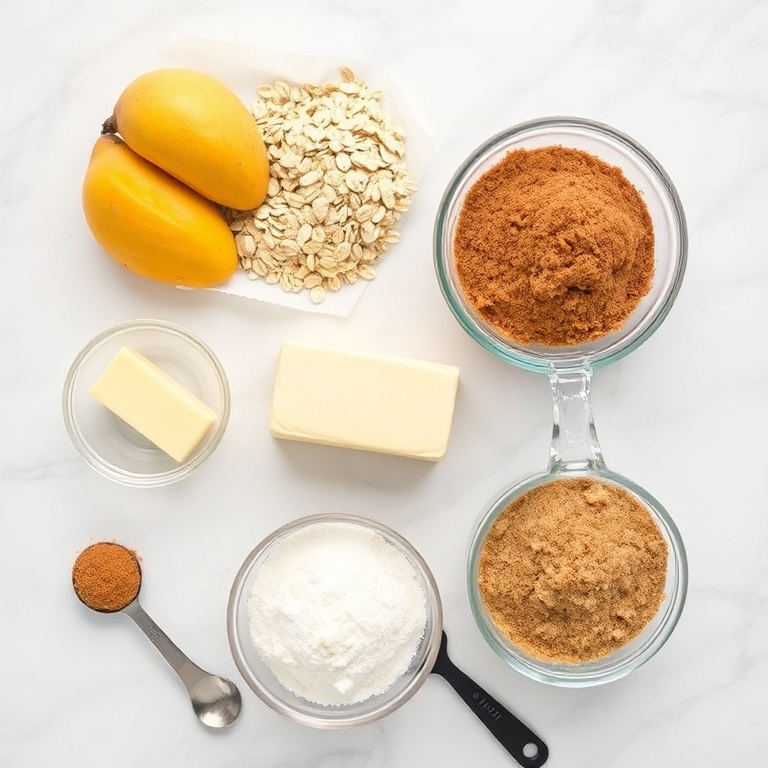 Raw ingredients for mango oatmeal crumble bars. Oats, mango, butter, flour, and brown sugar arranged in an overhead flat lay with measuring tools and bowls.