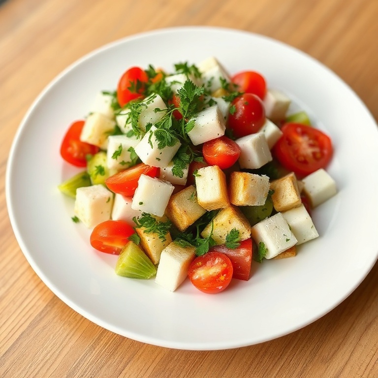 Garnished Greek salad with fresh oregano on a white plate