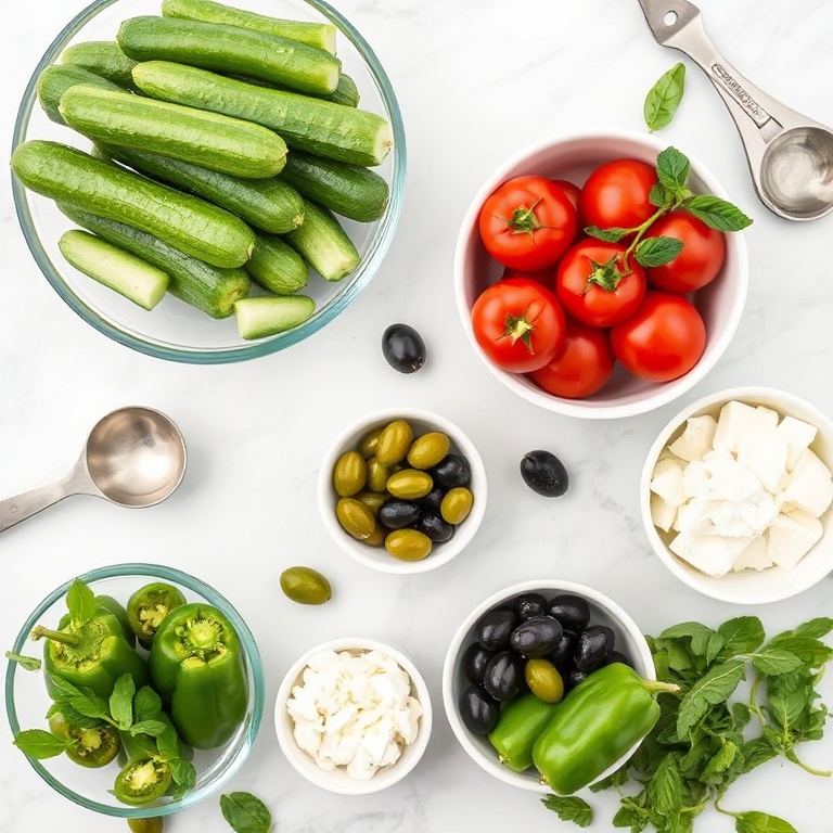Fresh cucumbers, ripe tomatoes, green bell peppers, olives, and feta cheese arranged in a flat lay