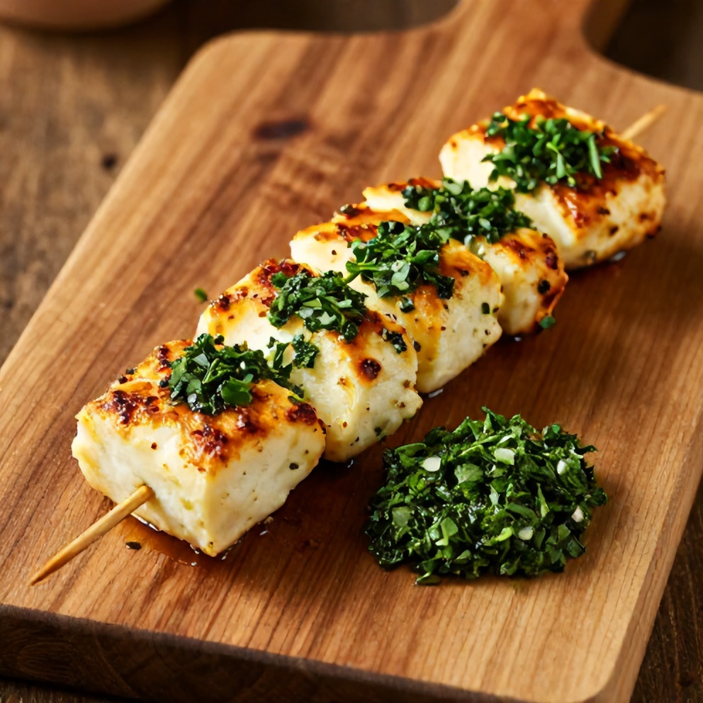 Plated Mediterranean Halloumi Skewers with Fresh Herb Sauce