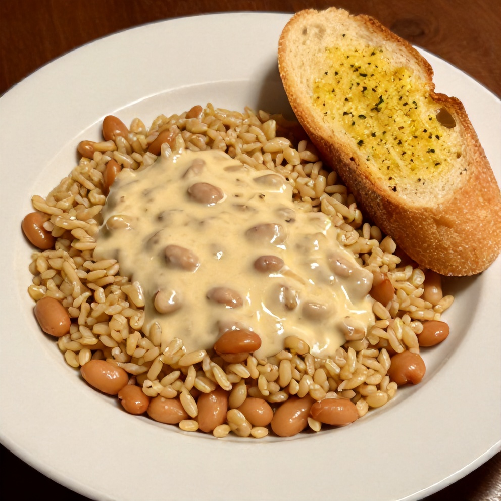 Plated Mediterranean Orzo and Beans with a side of garlic bread
