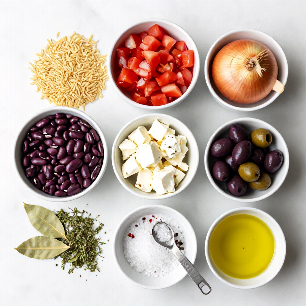 Raw ingredients for Mediterranean Orzo and Beans laid out on a marble surface