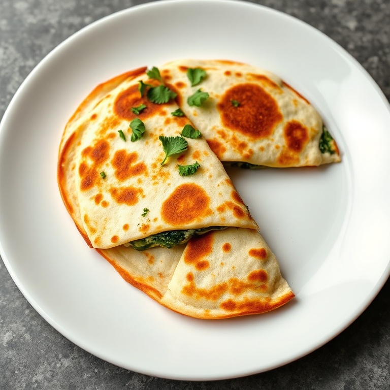 One serving of Mediterranean quesadilla cut into triangles on a sleek white plate, topped with fresh parsley. Close crop, with filling and crispy edge visible.