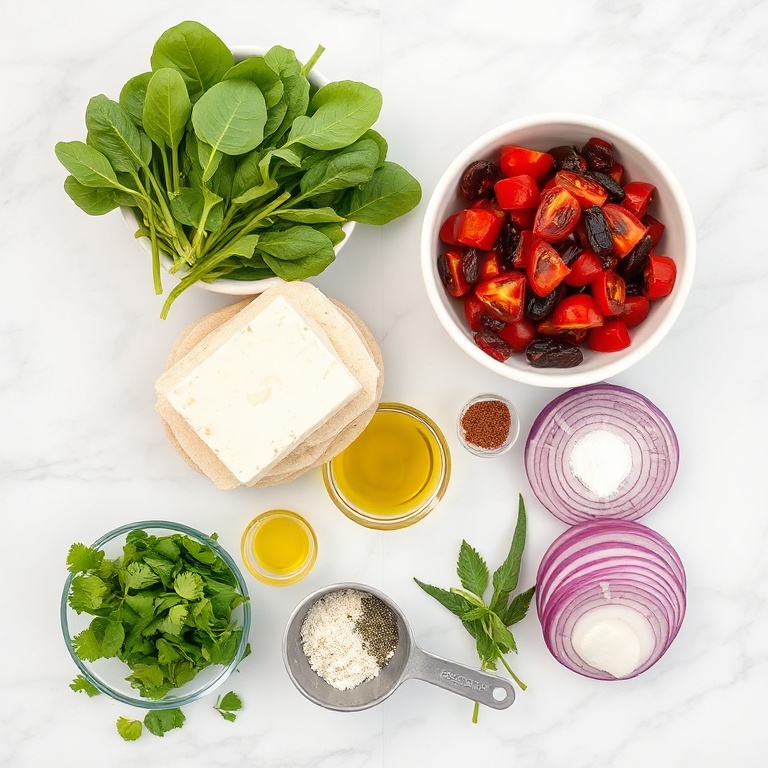 Flat lay of fresh baby spinach, block feta cheese, flour tortillas, sun-dried tomatoes, and sliced red onion arranged on marble with prep bowls and spoons.