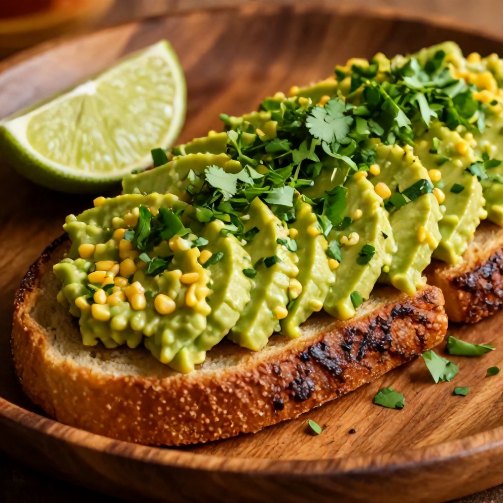 Plated Mexican Street Corn Avocado Toast with a lime wedge