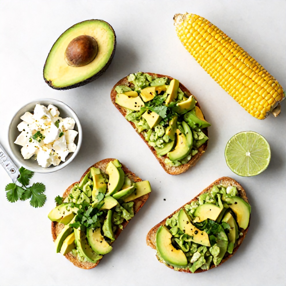 Raw ingredients for Mexican Street Corn Avocado Toast on a marble surface