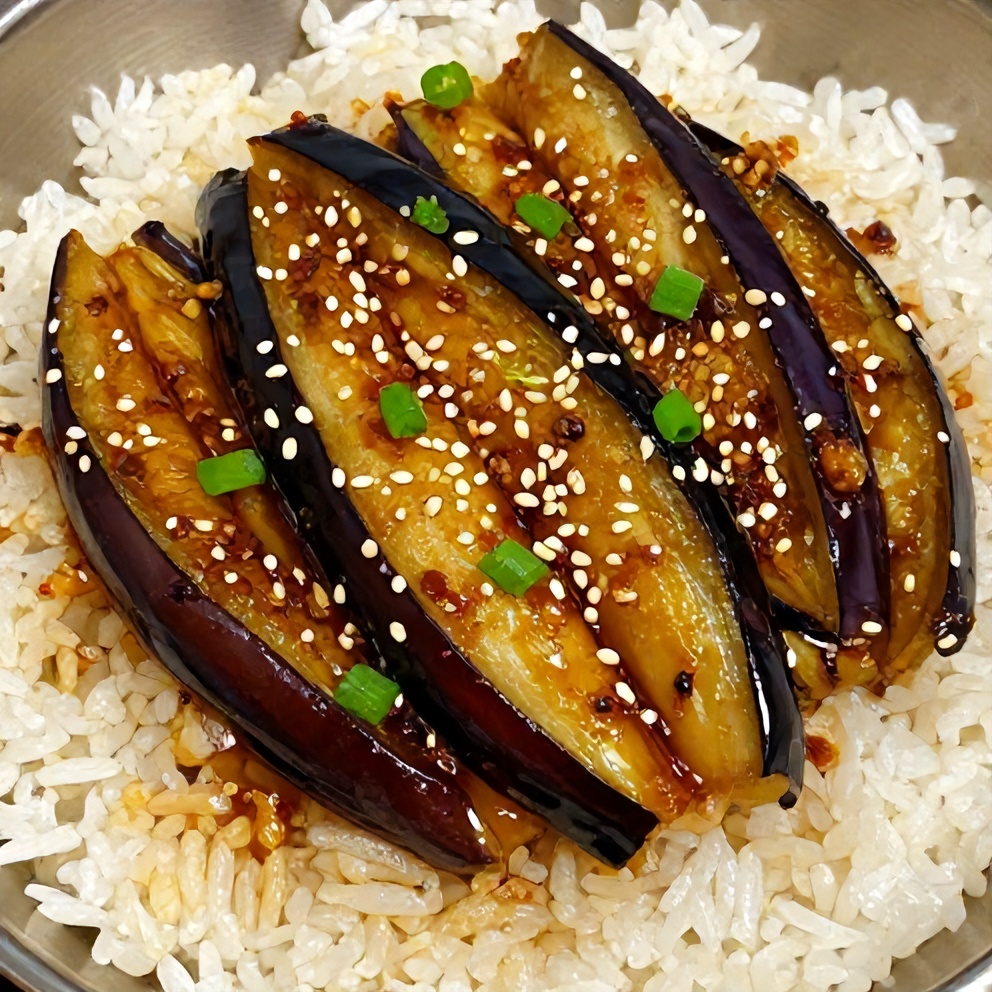 Miso glazed eggplant on a bed of rice