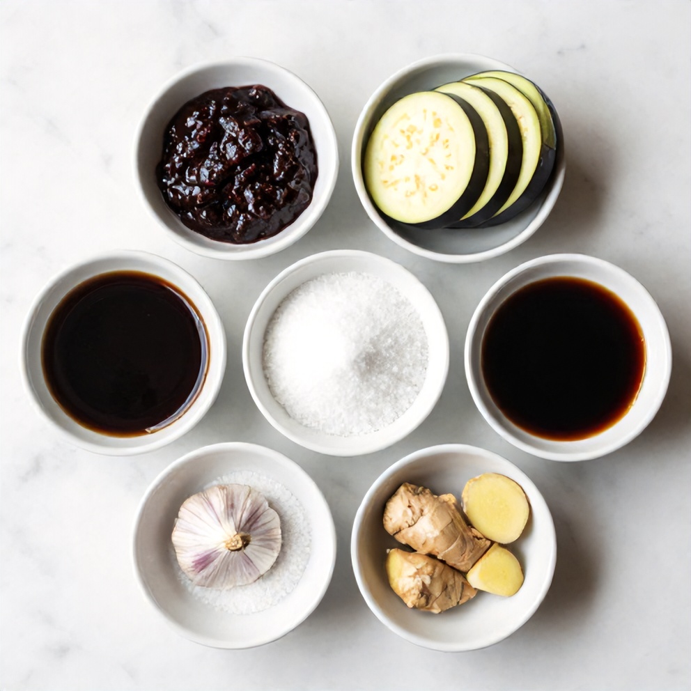 Miso, sake, mirin, and eggplant on a marble surface
