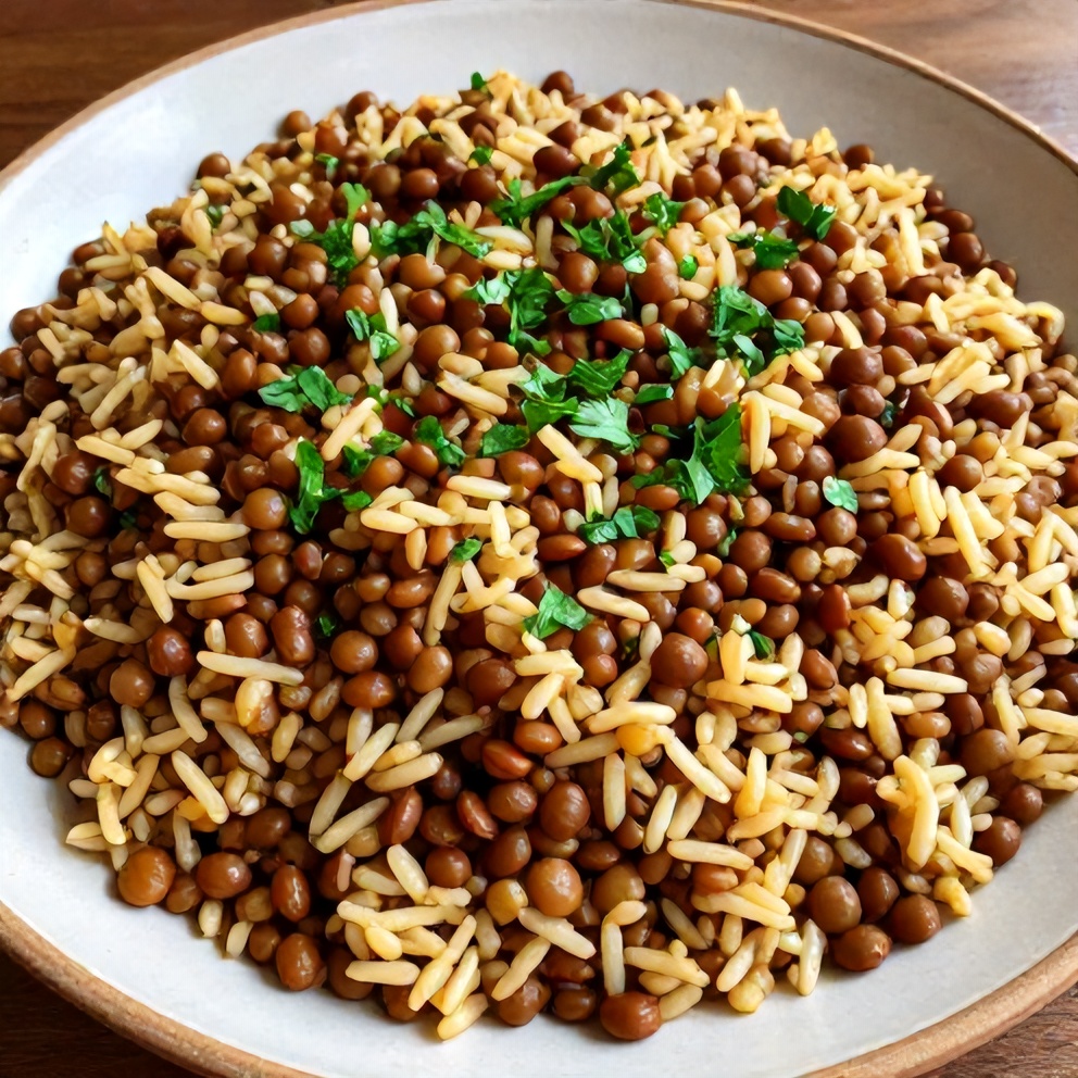Plated Mujadara Lentils and Rice with a side of Easy Grilled Asparagus