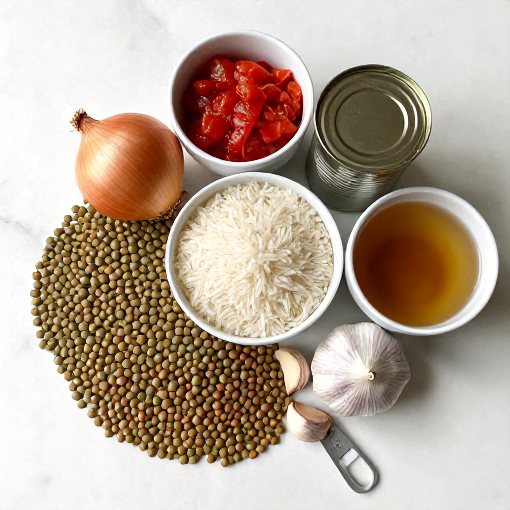 Raw ingredients for Mujadara Lentils and Rice arranged on a marble surface